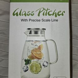 Glass Pitcher, 68oz Water Pitcher with Lid and Precise Scale Line, 18/8 Stainles