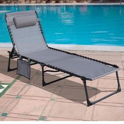 2 of Fold Patio Chaise Lounge Chair for Outdoor with Detachable Pocket and Pillow, Portable Sun Lounger Recliner for Beach, Camping and Pool, Grey