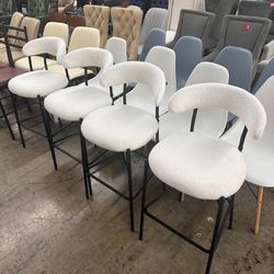 (New in box)White Bar Stools Set of 4, Teddy Fabric Upholstered Counter Stools, Armless Bar Chairs, Black Powder Coated Base and Footstool for Kitchen