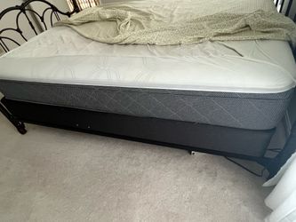 Black metal Queen Bed Frame with Queen Mattress and Queen Box Spring