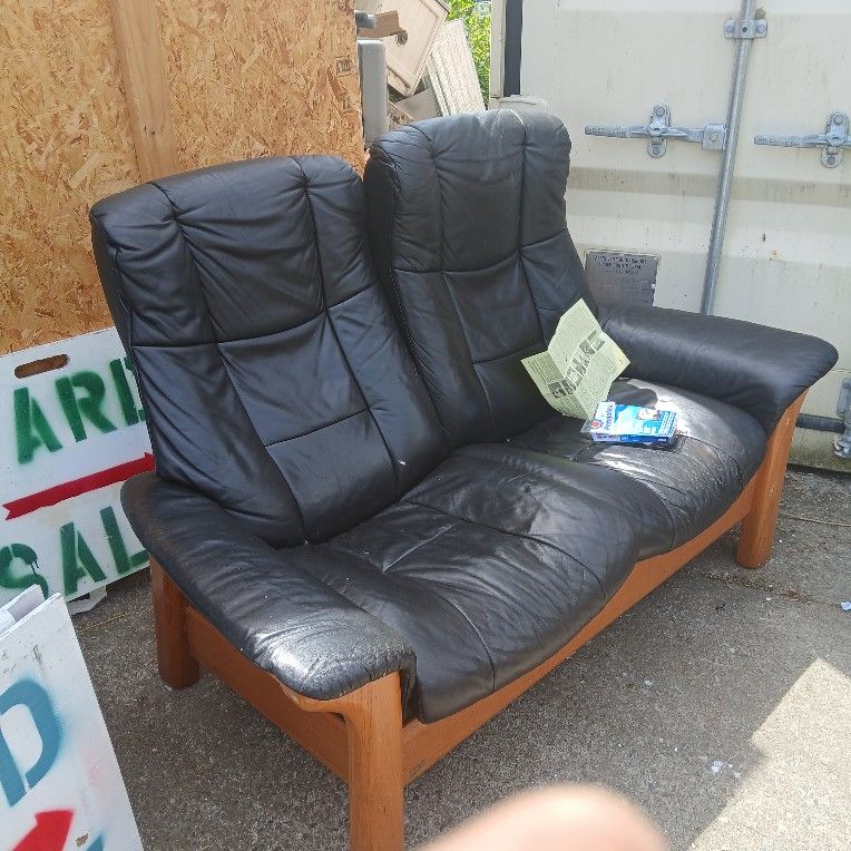 Ekornes STRESSLESS Windsor Loveseat Double Recliner Teak Black Leather Scandinavian norwedian Design