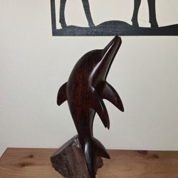3 Iron Wood Figures : Dolphin, Stork, Pheasant
