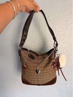 Coach Signature Jacquard Tan Logo Shoulder Suede Y2K Vintage 🍒