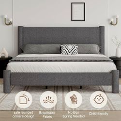 King Size Bed Frame, Boucle Upholstered Platform Bed with Headboard and Footboard, Soft Rounded Corners, No Box Spring Required, Easy Assembly