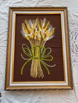 Vintage framed embroidery of wheat