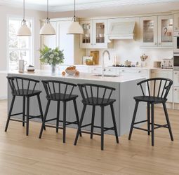 Set of 4, Black Farmhouse Barstools with Semicircular Backrest, Mid Century Modern Counter Height Bar Stools for Kitchen Island, 24 Inch
