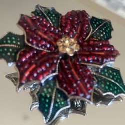 Vintage LC POINSETTIA FLOWER BROOCH Pin Red Enamel Liz Claiborne Holiday Bling