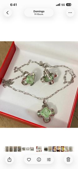 Juego cadena aretes stainlend piedras verdes joyería antigua