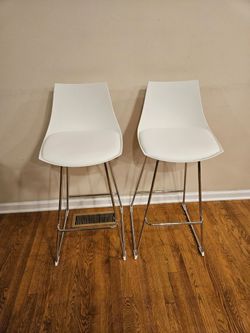Pair Of White Modern Barstool Chairs With Chrome Base