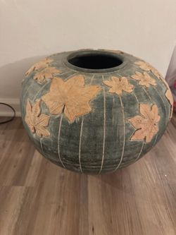 Large Terracotta Planter With Textured Leaves Detail Mid Century Modern