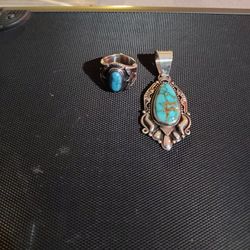 Beautiful Navajo Jewelry Done By World Known Artist Real Rare Turquoise With Gold Vien Pendant And Ring 