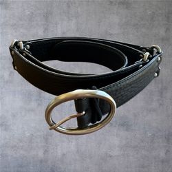 Vtg Cole Haan Black Leather O-Ring Link Statement Belt Silver Buckle Size S Y2K