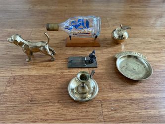Brass trinkets & Ship in Bottle