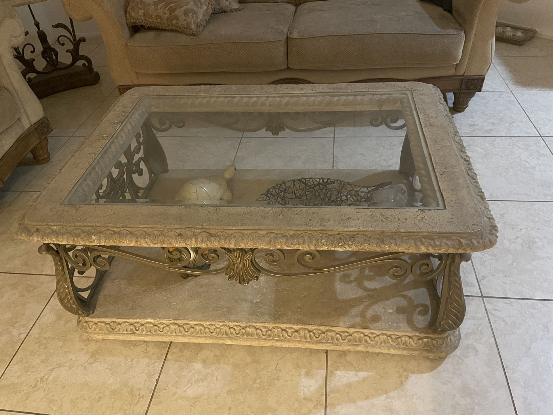 Tuscan Style Glass Coffee Table with Wrought Iron Base