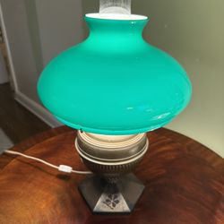 Bradley and Hubbard B&H Electrified Antique Green Glass Brass Oil Lamp. 19” tall 