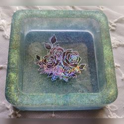 Aquamarine Resin Made Ashtray With Holographic Flower