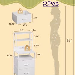 ✌️ 2Pcs Nightstand with Charging Station, LED Night Stands with 2 Fabric Drawers and 4 Storage Open Shelves, Bedside Table Sets for Bedroom, White