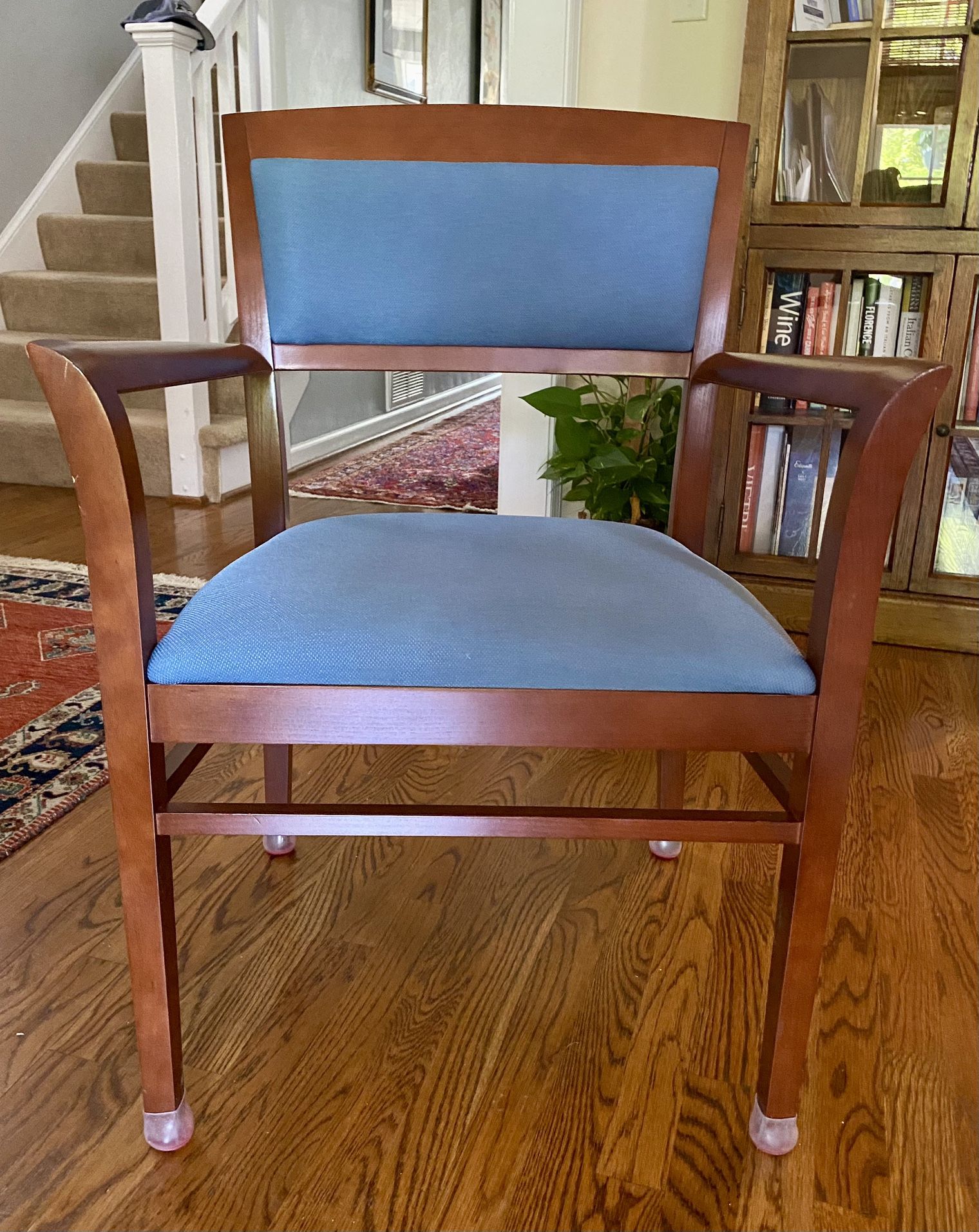 6 Wooden Chairs With Blue Upholstery 