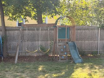 Wooden Backyard Playset w/ Swings, Slide, and Climbing Wall