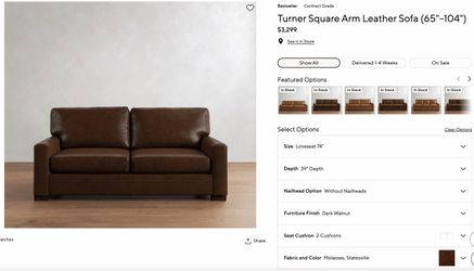 FREE Pottery Barn Turner Square Arm Leather Sofa 74”