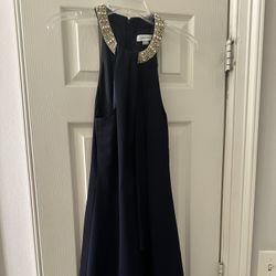 Calvin Klein Size 8 Navy Blue Lined Dress With Beaded Choker Neckline
