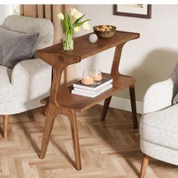 Solid Wood Side Table, 2-Tier Farmhouse Couch Side Table, Rustic Slim Tall Sofa End Table with Storage Shelf, Rustic Brown