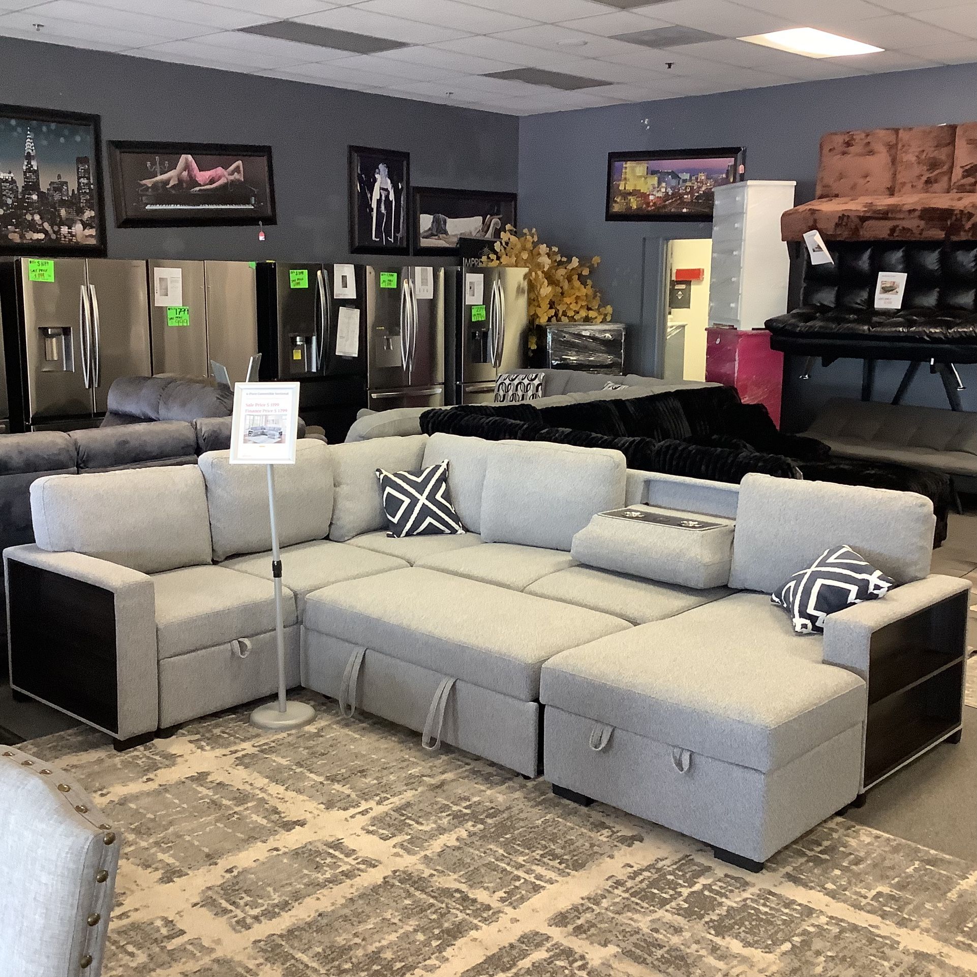 Beautiful Sleeper Sectional With Fold Down Table,chaise Storage,wireless Charging & Built In Shelf