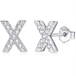 Silver Stud Dainty X Letter Earrings, 925 Sterling Silver, Cubic ZirconiaI Studs