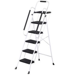 New White 5 Step Ladder Folding Steel Step Stoo w/Non-Slip Wide Pedal and Tool Tray