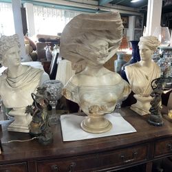 Large Heavy Antique Carved Marble Of Veiled Woman 