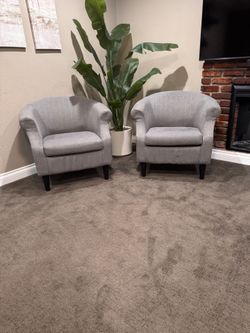 Set of 2 Gray Upholstered Barrel Accent Chairs
