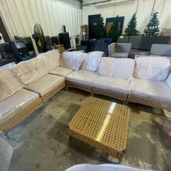 7-Piece Wicker Patio Furniture Set – Boho Outdoor Sectional Sofa, Patio Conversation Set with Water-Resistant Thick Cushions and Coffee Table, Beige 