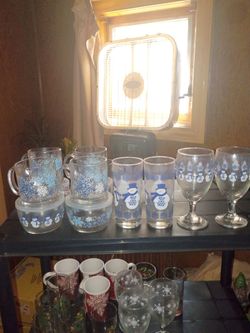Vintage Libbey Glass "Clearly Winter" 10-Piece Set - Snowflake & Snowman Mugs, Tumblers, Goblets, Bo