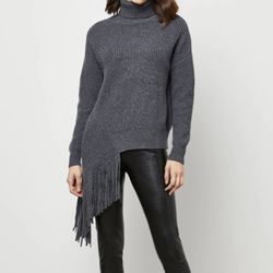 BCBG Asymmetrical Turtleneck Fringe Sweater in Heather Grey XS