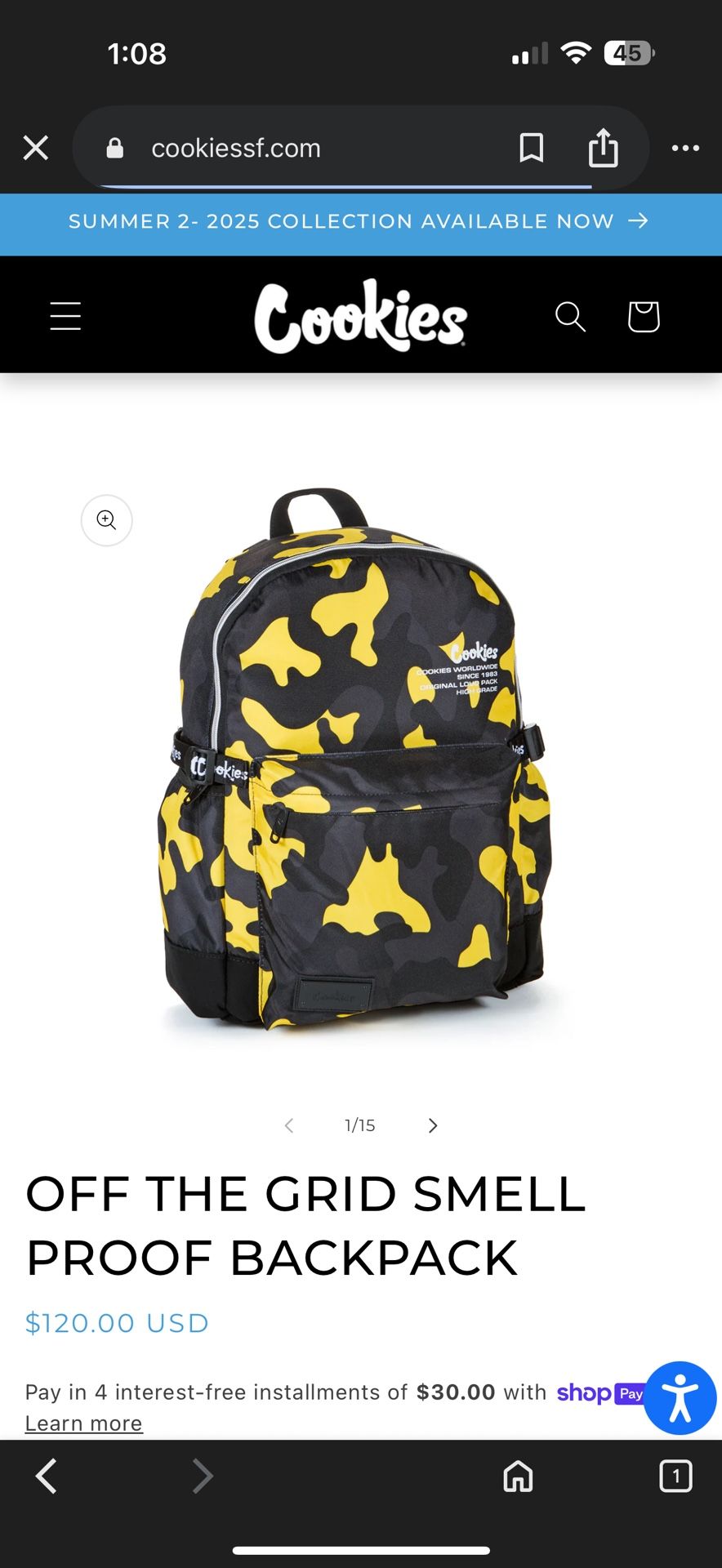 Cookies Smell Proof Backpack Yellow Camo Style# 1556A5950