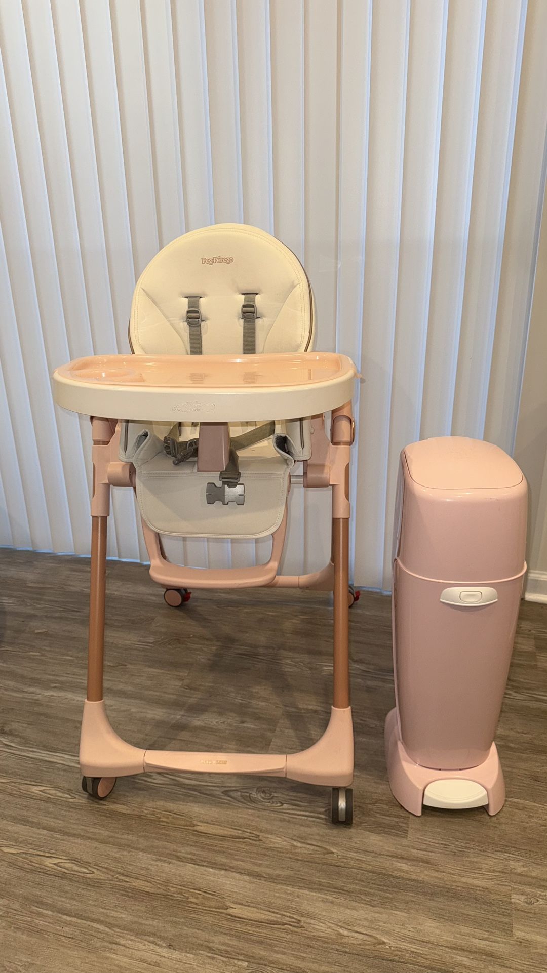 Peg Perego high Chair And Pink Diaper Genie
