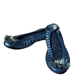 Tory Burch Reese Mestico black leather ballet flat with gold tassel Size 10