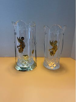 Teleflora Czech Crystal Angel Hurricane Candle Holders - Heavy 4.3 lb Set