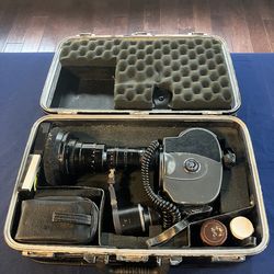 Vintage Beaulieu R16 16mm motion picture camera kit featuring Angénieux glass and professional accessories