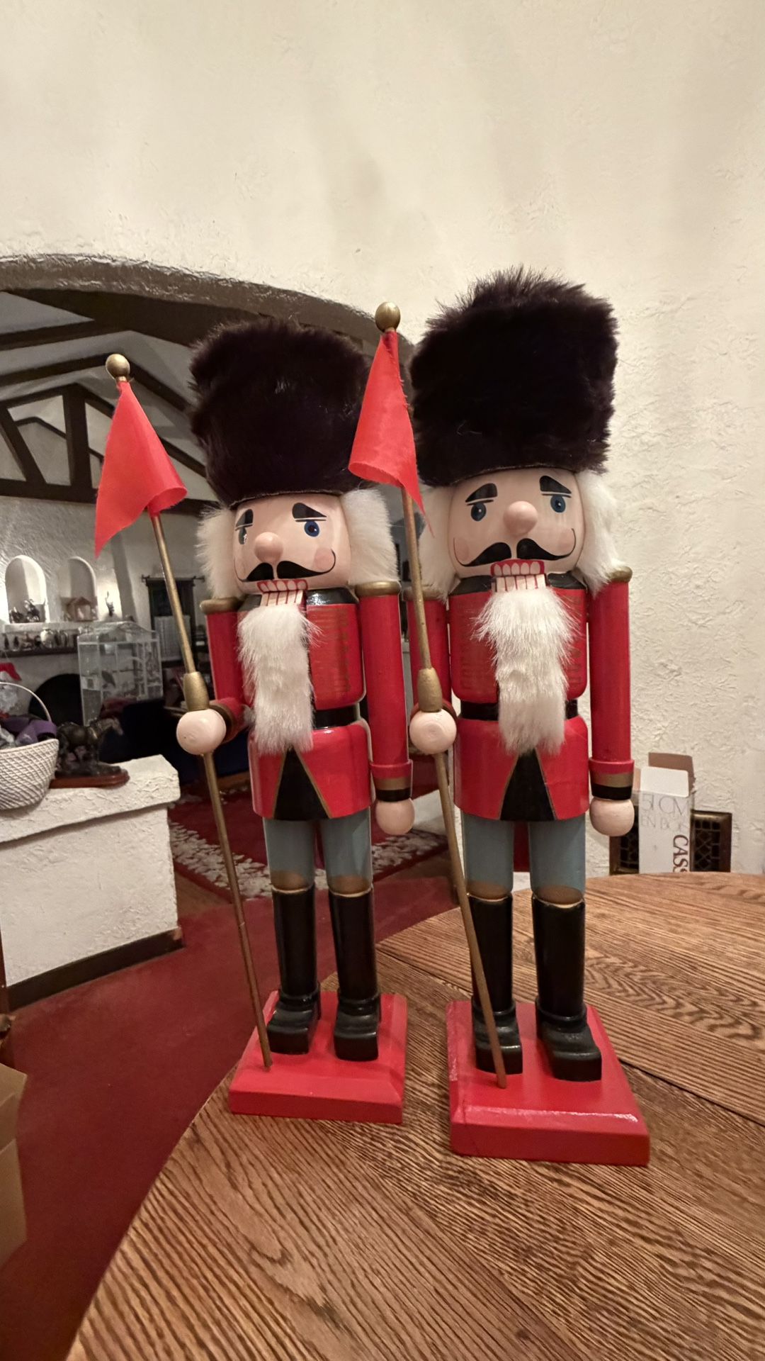 2 Vintage Large Hand Painted Wooden Nutcracker Classic Heavy Works 20” Soldier 1 Base Cracked