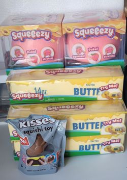 Squeeezy Butter, Peach, and Hershey's Kisses Squishi Toys