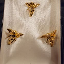 Guardian Angel Pin Brooch Tie Tack & Earring Set 14kt Gold Plated Made in USA ...