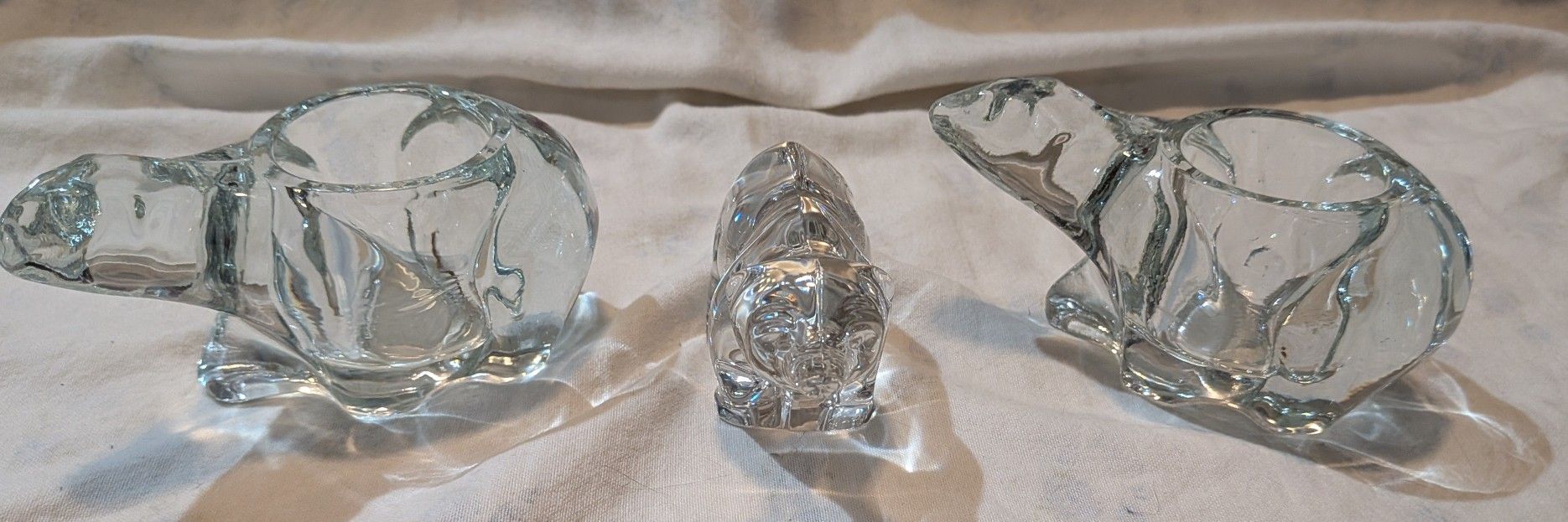 Three Vintage Glass Crystal Polar Bear Votive Tea Light Candle Holders.