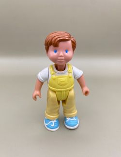 Vintage Fisher Price Loving Family Dream Dollhouse Brunette Boy Doll Figure in Yellow Overalls HTF  
