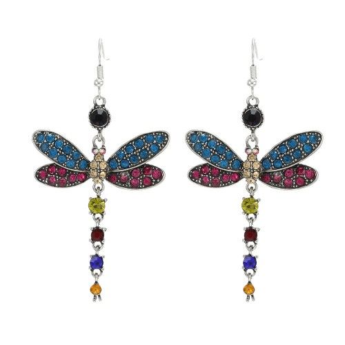 "Multi Color Dragonfly Crystal Rhinestone Silver Plated Hook Earrings, VP1019