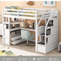 Merax Twin Loft Bed with Stairs and Desk, Solid Wood Loft Bed with Storage Stairs, Stairway High Loftbed Frame with Storage Steps for Kids Teens Junio