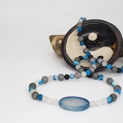 Blue Agate, Sedona Druzy, Quartzite & Lava Bead Necklace