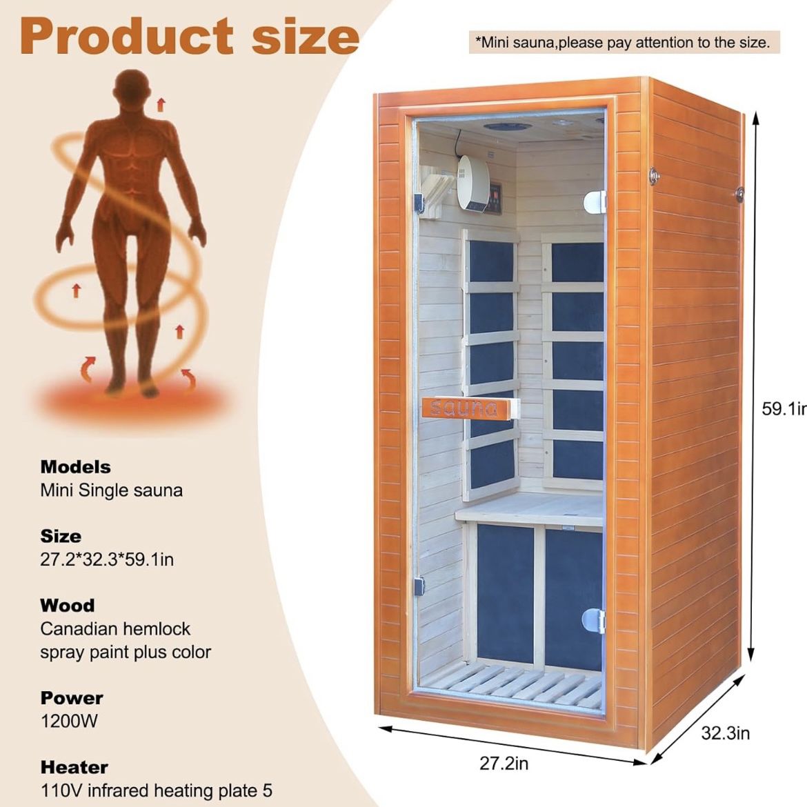 Far Infrared Home Sauna Mini Indoor Dry Personal Sauna Room,Hemlock Wood Sauna,with 1200W 5 Heating Panels, Heating Machine Equipment for Home Workout