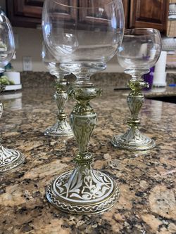 Fritz Heckert German White & Gold Enameled Pale Amber & Green Hock Wine Glass B