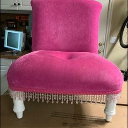Vintage Hot Pink Oversize Bombay Bohemian Chic Velvet Tufted Slipper Chair Hanging Beads